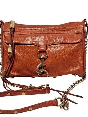 REBECCA MINKOFF MINI MAC Cognac Brown Crossbody Leather Handbag Chain Strap